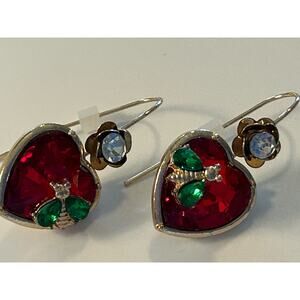 Earrings red rhinestone hearts w/ bees & flower goldtone pierced